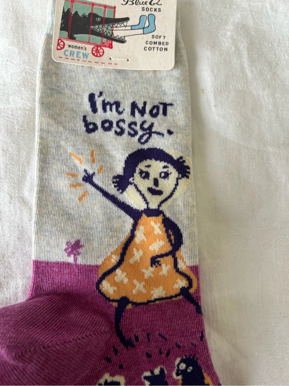 Blue Q Magenta and White 'I'm the Boss' Crew Socks